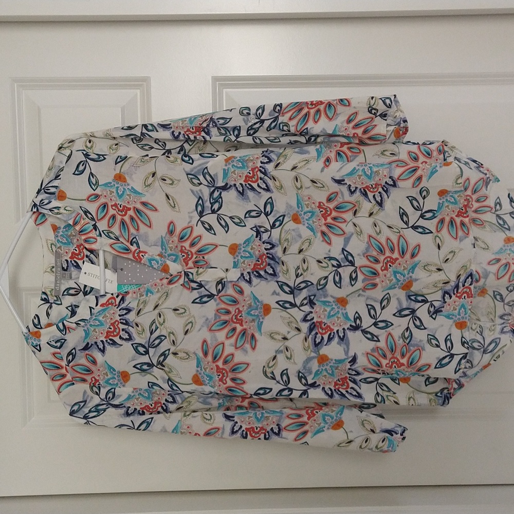 Daniel Rainn Koda Split Neck Top Off White With Colorful Flowers, Womens Small